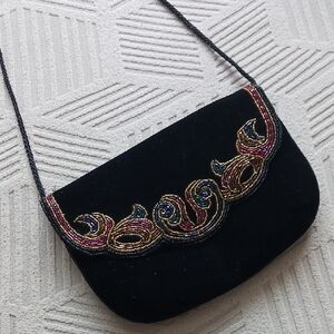 Magid Black Velvet Crossbody with Multicolor Beaded Detail